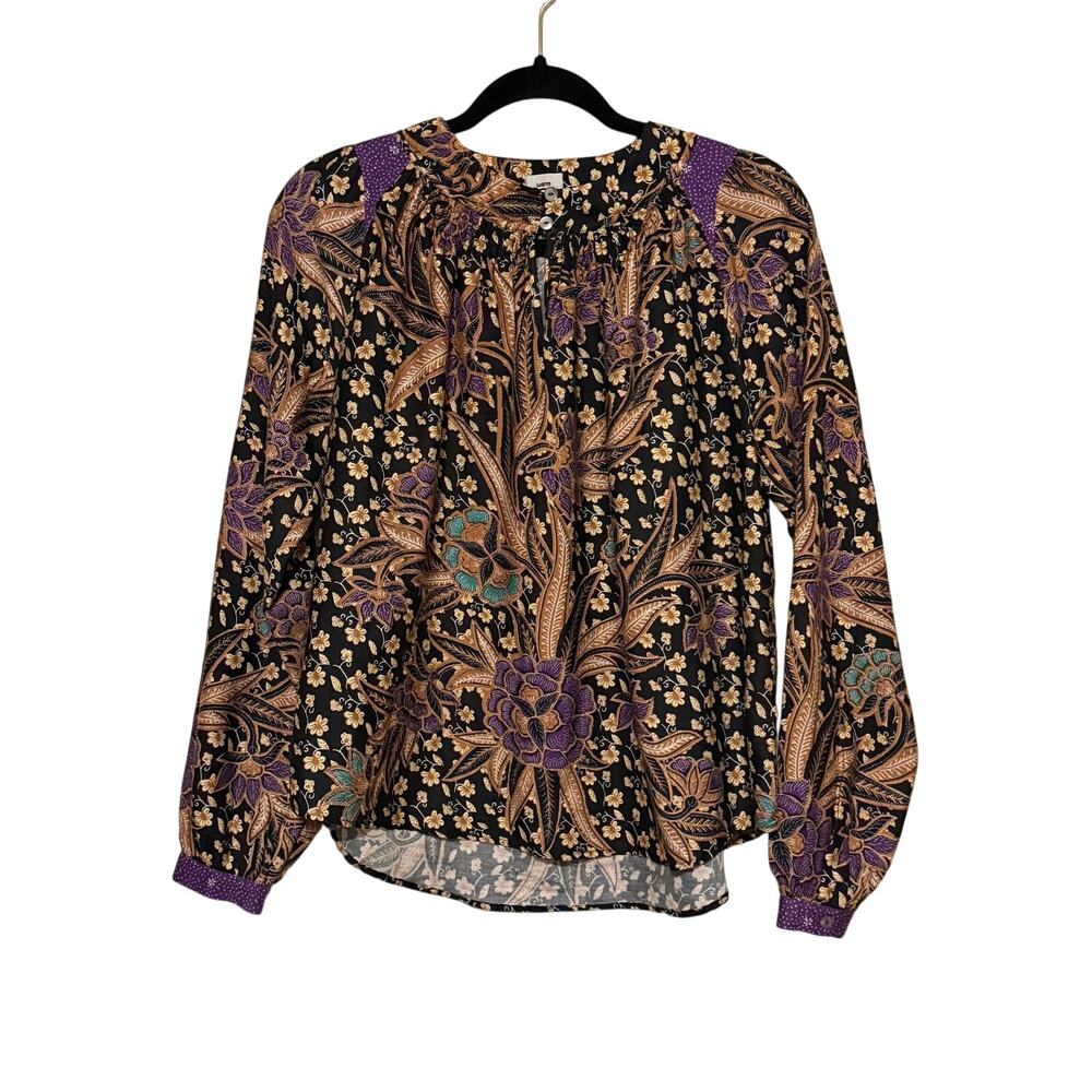 Warm Floral Cotton Boho Blouse Size 1 S Black Purple Batik Print